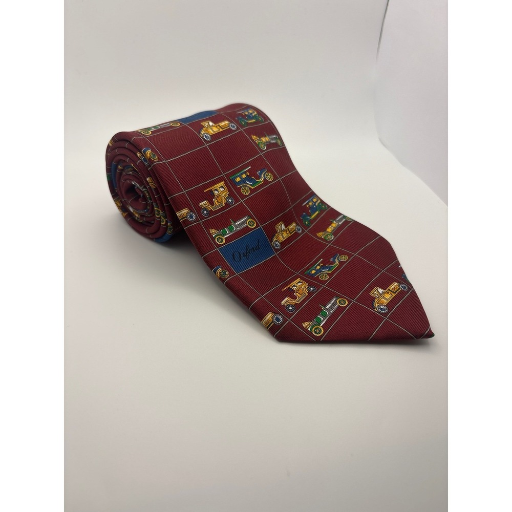 Oxford Mens Silk Tie Burgundy Vintage Antique Cars Novelty Grid Pattern Red